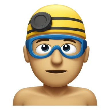 Swimming in terrible mood and very tired. Swimmer is in the swimming pool. he has swimming cap and goggles on his forehead sticker