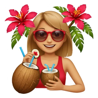 coconut drink with red flowers and summer vibe, with sunglasses and smiling sticker
