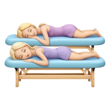 A cute emoji-style illustration of a girl lying on a massage table during a relaxing massage session, while another girl gently gives her a back massage. Soft colors, peaceful atmosphere, simple rounded emoji-like shapes, friendly and wholesome. sticker