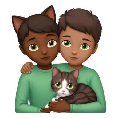 Crea un emoji donde salga un chico moreno con los ojos claros, una chica morena con los ojos marrones y SOLO UN gato europeo comun de pelaje oscuro y ojos verde claro, quiero que se esten abrazando y el gato este en el medio del chico y la chica sticker