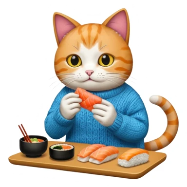 cat wearing a sweater playing video games eating sushi sticker