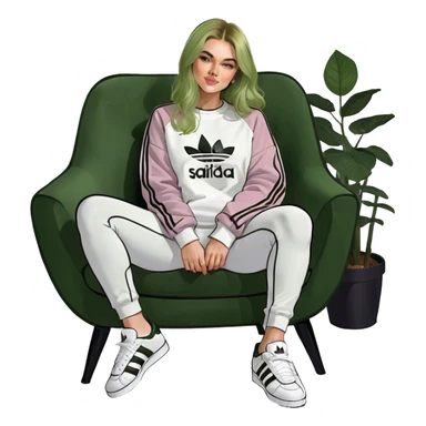 Girl long bright blonde highlighted hair middle part with rosy cheeks and plump mauve lips green eyes and wearing a white sweatshirt and black leggings with black and white adidas OG Samba sneakers sitting in a cozy chair posing with legs over the side of chair  sticker
