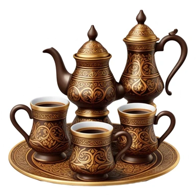 Turkish Coffee Set – Cinematic Realistic Turkish Coffee Set, depicted as an elegantly arranged ensemble of ornate coffee cups and a traditional cezve pot, adorned with intricate patterns and rich, warm colors, rendered with detailed textures and soft ambient lighting that captures its cultural heritage. sticker