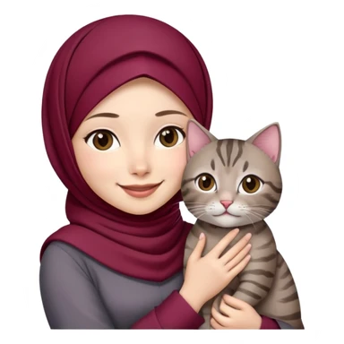 Asian white girl wearing  maroon hijab with dress holding a black grey tabby cat while smiling sticker