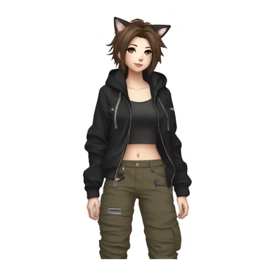 Edgy cool shy beautiful pretty anime punk tomboy with cat ears techwear cargo pants hoodie brown hair sticker