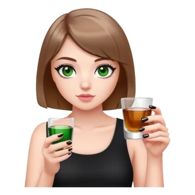 dark green eyes light brown hair white girl with short bob no bangs with a shot glass wearing black light pink nails sticker