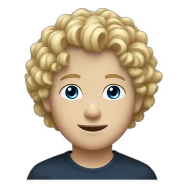 boy with curly hair and blue eyes and blond hair, dark blue shirt, black pants, white shoes sticker
