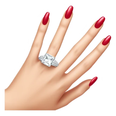 Detailed close up of a diamond ring on hand with 5 fingers and red nail polish sticker
