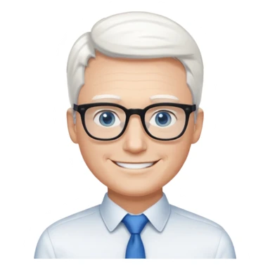 Thin white man, short white hair, black thin square glasses, white shirt, blue eyes, ceo sticker