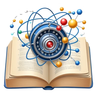 An icon featuring a physics textbook, a large Hadron Collider with particles flying off, symbolizing the study of physics. The design includes atomic models, energy waves, and scientific formulas, representing fundamental physical principles and research. Transparent background. sticker
