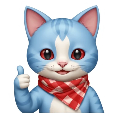 A Baby Blue Cat smiling and giving thumbs up, wearing red Checkered Triangle scarf sticker