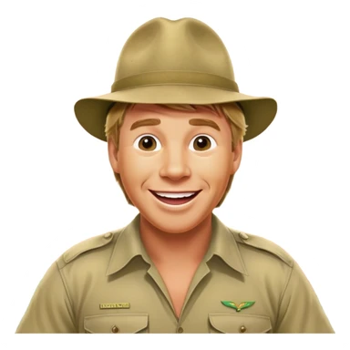 Cinematic Realistic Steve Irwin Portrait Emoji, depicted as a passionate wildlife expert in his signature khaki attire with an enthusiastic smile and a backdrop of the Australian outback, rendered with vibrant textures and dynamic natural lighting that captures his adventurous spirit. sticker