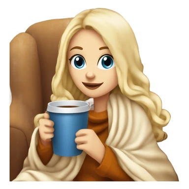 Blonde hair blue eyed white girl covered in blanket autumn vibe sitting on a cozy chair holding coffee sticker