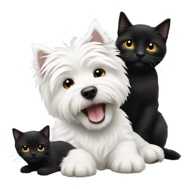 White West highland terrier playing with a black cat sticker