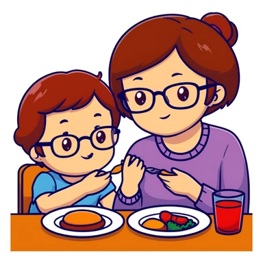 Braunhaariges Mädchen hellhäutig braune Augen, sitzend am Tisch mit Mama Rote kurze Haare und Brille und braune Augen am Essen  sticker