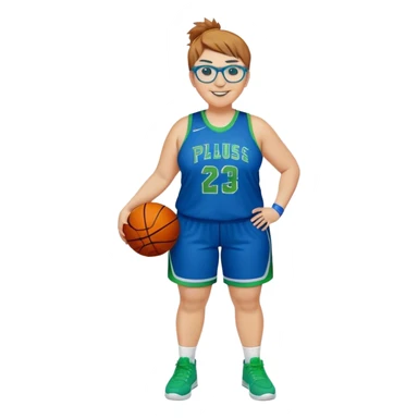Full Body plus size white female basketball player with short light brown hair with carmel highlights spike hair wearing blue glasses 
 wide nose wearing blue green uniform  green sneakers smiling  sticker