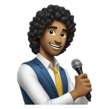 A male game show host with shoulder-length curly black hair and tanned skin holding a microphone sticker