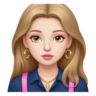 make a girl with long light brown hair who’s white and lashes and pink lips and mascara and highlighter and blush and a gold hoops and a necklace preferably gold and a navy shirt sticker