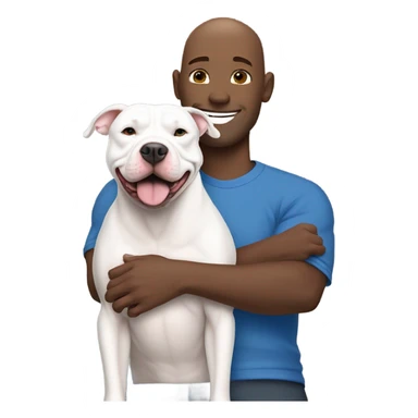 bald white man no beard with blue eyes and blue tshirt Hugging large gray smiling pit bull sticker