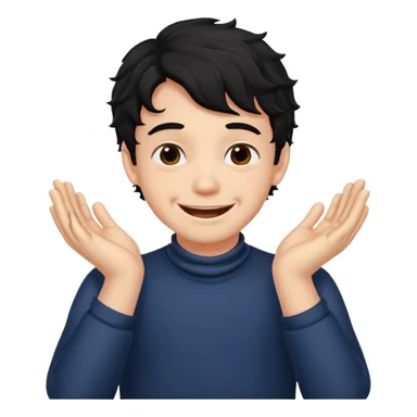 a boy with black wavy hair smiling very big but strangling his neck with his hands sticker