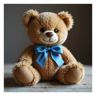 realistic teddy bear, soft lighting, photorealistic, with a blue ribbon, on white background sticker