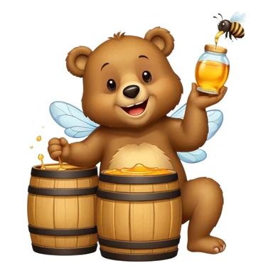 A cheerful brown bear sitting on its hind legs, happily eating golden honey from a wooden barrel with a big smile, surrounded by a few buzzing bees and honey dripping from its paws. Simple, cartoonish style, vibrant colors, and a playful atmosphere. sticker