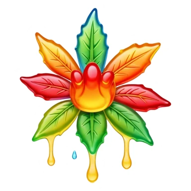 generate an emoji-style image of a juicy gummy shaped like a marijuana flower, make it colorful and with liquid dripping out sticker