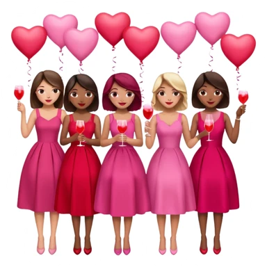 galentines party : they wea red and pink dresses, hold pink and red heart balloons and pink cocktails in their hands, there is a blond girl, a brunette, an asian, and a brown skin girl sticker
