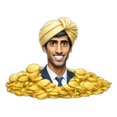 Rishi Sunak wearing a turban standing on pile of gold sticker