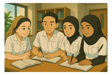 Personnaliser le groupe de quatre étudiants infirmiers, style Ghibli, en train de collaborer à l'intérieur, en utilisant les visages des quatre photos fournies, uniformes blancs à manches courtes, tuniques médicales col en V, poche poitrine à gauche, pas de pied de col, pas de stéthoscopes, avant-bras nus, cheveux longs attachés pour celles qui en ont. Décor intérieur moderne, ambiance positive. sticker