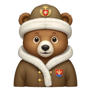 Cute brown bear in white fur ushanka hat with centered Russian coat of arms, front view, iOS emoji style sticker