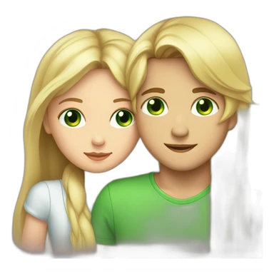 a blond boy with brown-green eyes kisses a brunette girl with long straight hair and bright green eyes on the cheek sticker