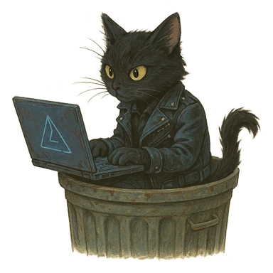 A cyberpunk goth punk cat holding a laptop poking out of a garbage can, in Ghibli style, with a transparent background. sticker