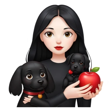A girl with long black hair wearing black clothes holding a black dog in one hand and an apple in the other hand sticker