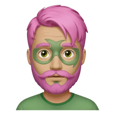 pink haired man with full full face green clay mask and beard sticker