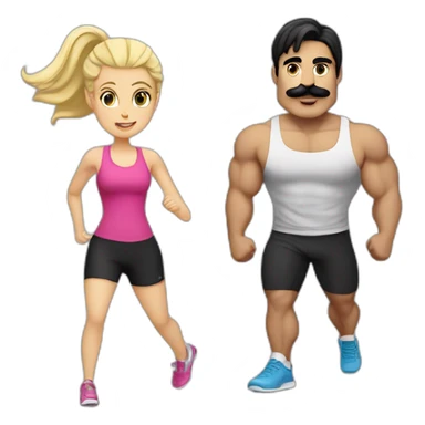 A White guy with black hair and a mustache going to the gym with a blonde girl sticker
