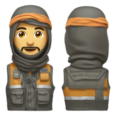 man with keffiyeh wearing bulky vest with electrical wires sticker