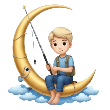 A dreamy night sky with a crescent moon. A boy sits on the moon holding a fishing rod, surrounded by soft clouds and stars. Magical and peaceful atmosphere. sticker