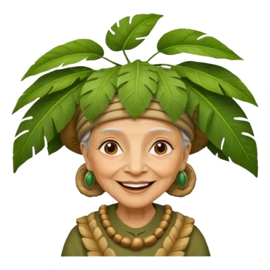 a old woman with jungle wearing a large leaf headgear bye  sticker
