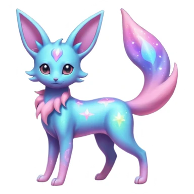 Shiny Iridescent Nebulae Espeon-Umbreon-Sylveon-Fakémon-hybrid-creature (full body)  with a galaxy-dust-flowing-gradient-tail sticker