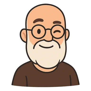 flat toon style of a bald man with glasses, long white beard, winking sticker