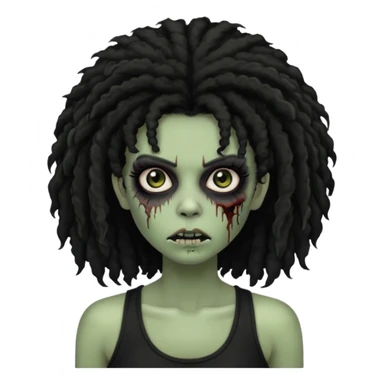 a female zombie with sage green skin, black long afro hair, eyelashes and a black tank top sticker