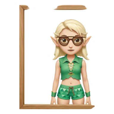 elf female legolas portrait, patterned board shorts (geometric/abstract), unique wooden-framed sunglasses, undercut hairstyle, slight smirk, visible pointy ears, no background, centered emoji, hipster summer vibe sticker