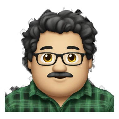 Fat man wearing a darkgreen and black plaid flannel shirt profile picture, happy, black hair sticker