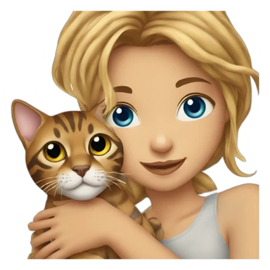 a beautiful girl with blue eyes and brown hair is holding a Bengal cat with yellow eyes in her arms sticker