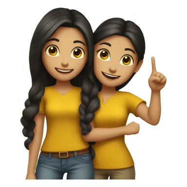 2 girls with dark hair wearing mustard yellow shirts and posing peace sign while the other poses thumbs up sticker
