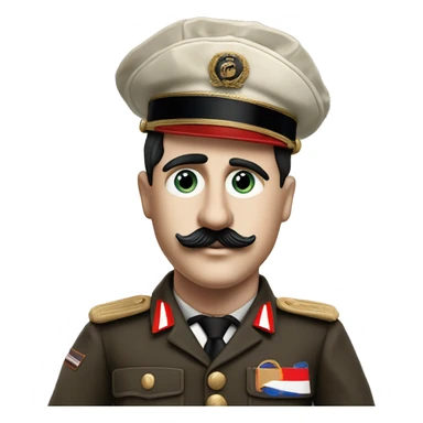 Charlie chaplin as the great dictator with tootbrush mustache but without hat, black sideways combed hair and brown classical 1936 dutch military uniform and red white soccer captains upper armbracelet looking fiercefully sticker