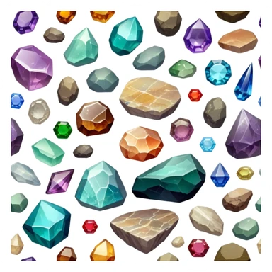 Icon for Mineral, Stone & Fossil Collecting: a display of various colorful minerals, gemstones, and fossils, arranged neatly on a table or shelf. The icon should reflect the beauty and scientific interest of collecting natural specimens. Transparent background. sticker