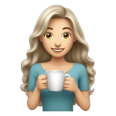 white young brunet woman with italian appearance long hair with face visible huge smile and eyes wide open holding a huge cup of coffee sticker