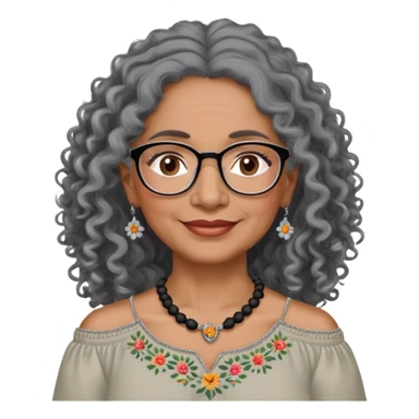 Latina woman, about 55 years old, dark warm brown skin, round soft face, long curly black and gray hair, no headband, medium eyes, thin eyebrows, gentle smile, delicate eyeglasses, gray peasant blouse with embroidery, bare shoulders, large dark necklace sticker